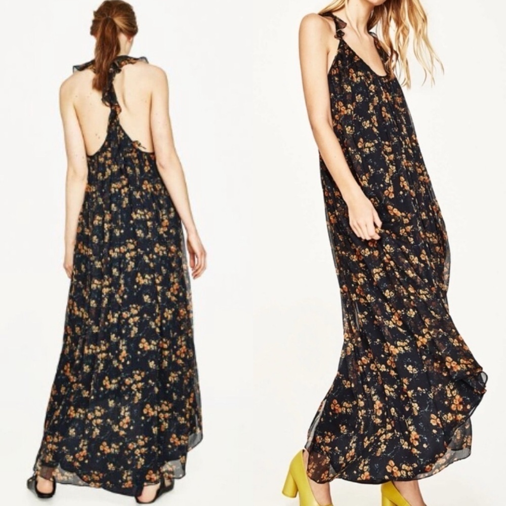 Zara Floral Sheer High Low Dress Halter Ruffles Size Small Orange Black